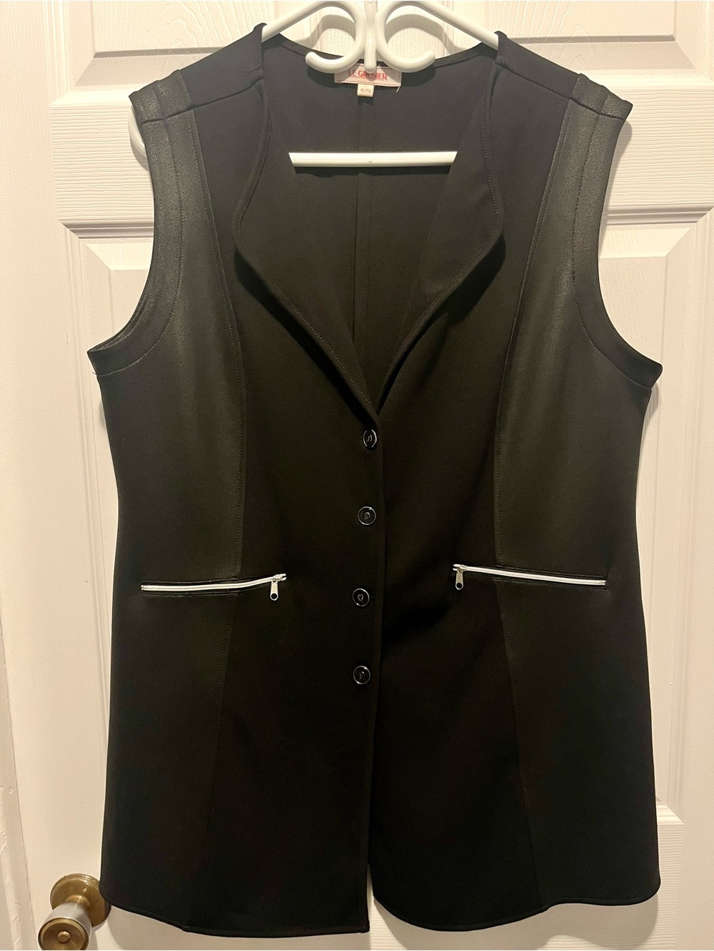 Le Grenier Black Longline Sleeveless Vest Blazer Faux Leather Trim XL Cardigan